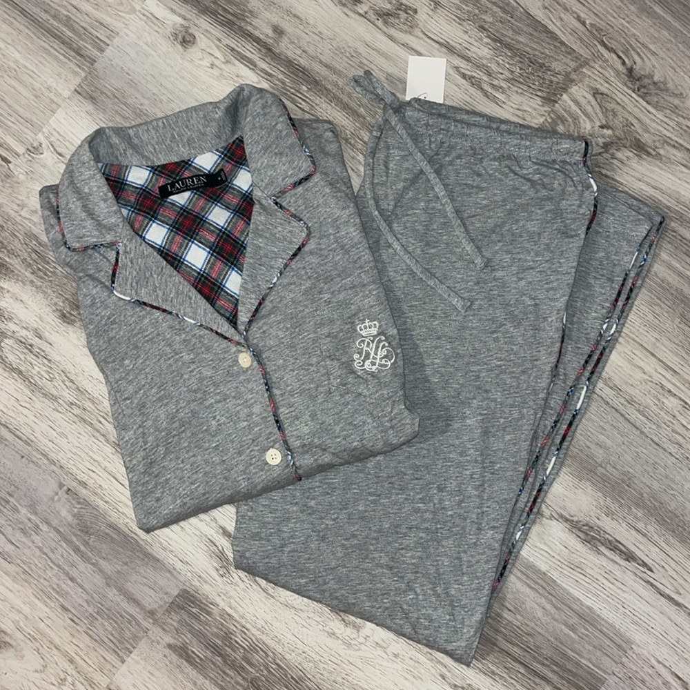 Ralph Lauren Holiday Pajamas Set Gray Plaid Long Sleeve Shirt Pants Sleepwear 🎄💚
